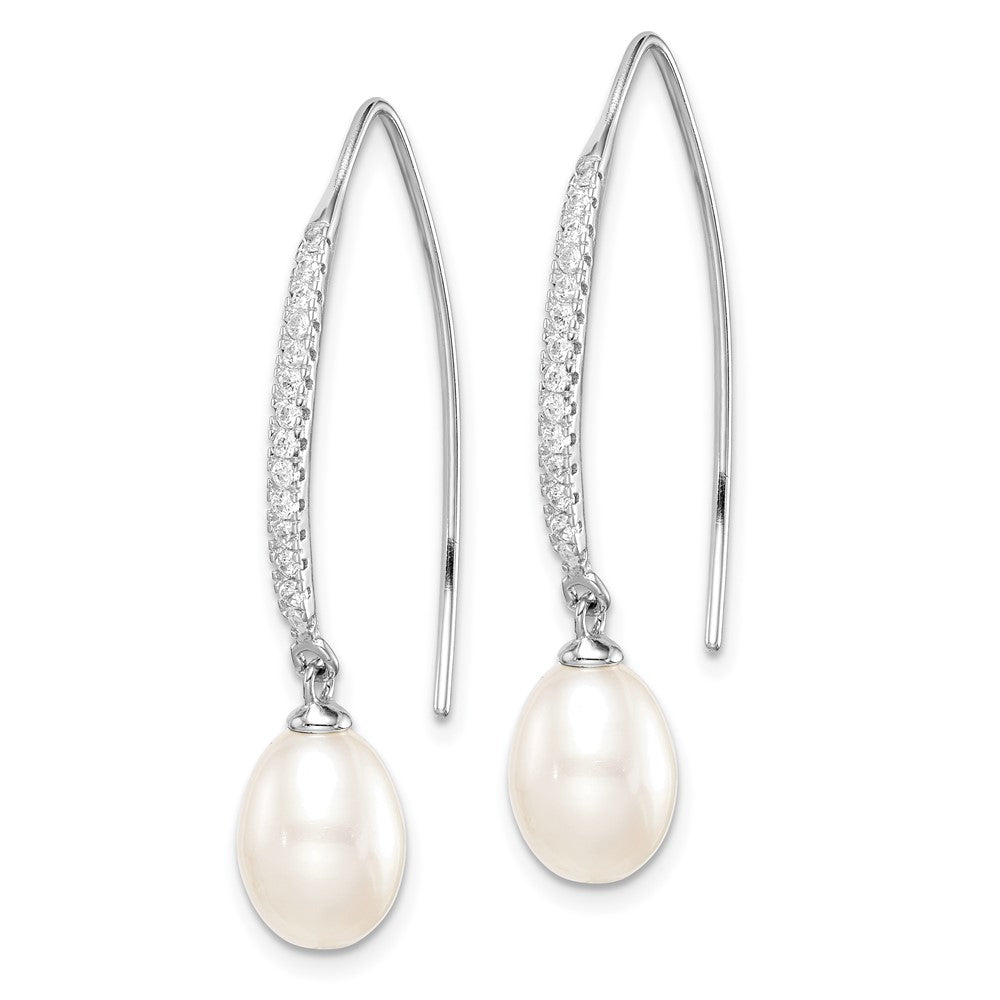 Sterling Silver Rhodium-plated 7-8mm FWC Pearl & CZ Threader Earrings