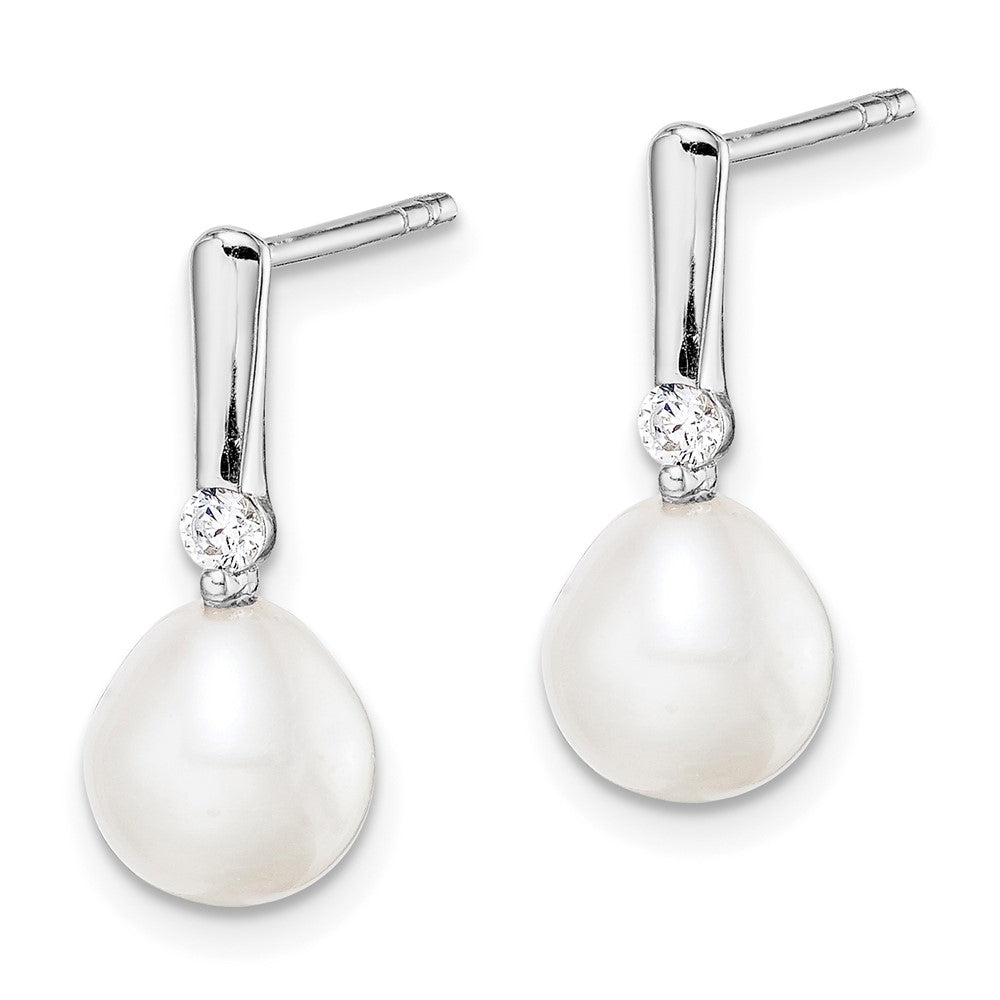 Sterling Silver Rhodium-plated 7-8mm Rice FWC Pearl CZ Dangle Earrings