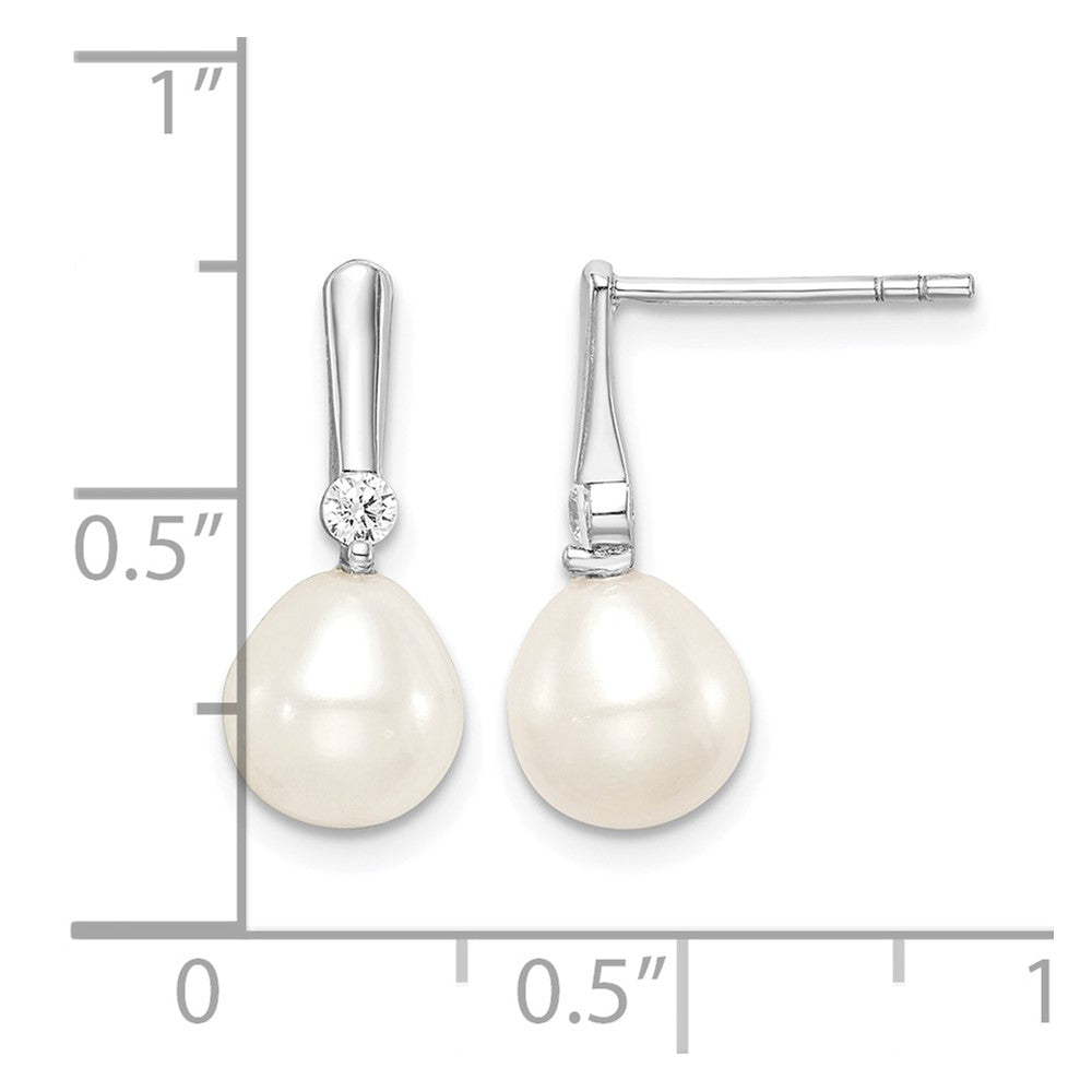 Sterling Silver Rhodium-plated 7-8mm Rice FWC Pearl CZ Dangle Earrings