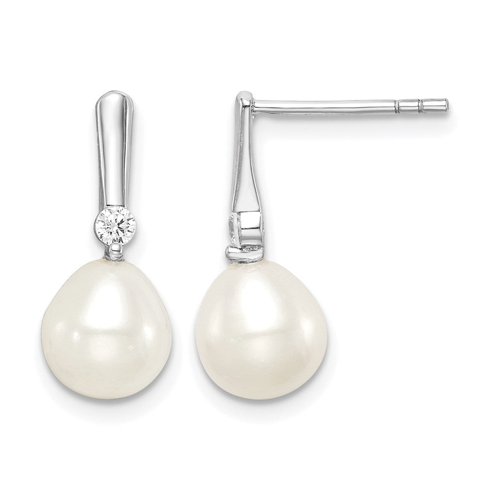 Sterling Silver Rhodium-plated 7-8mm Rice FWC Pearl CZ Dangle Earrings