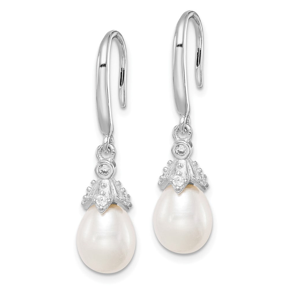 Sterling Silver Rhodium-plated 7-8mm FWC Pearl & CZ Dangle Earrings