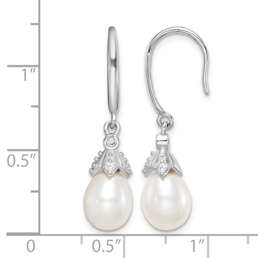 Sterling Silver Rhodium-plated 7-8mm FWC Pearl & CZ Dangle Earrings
