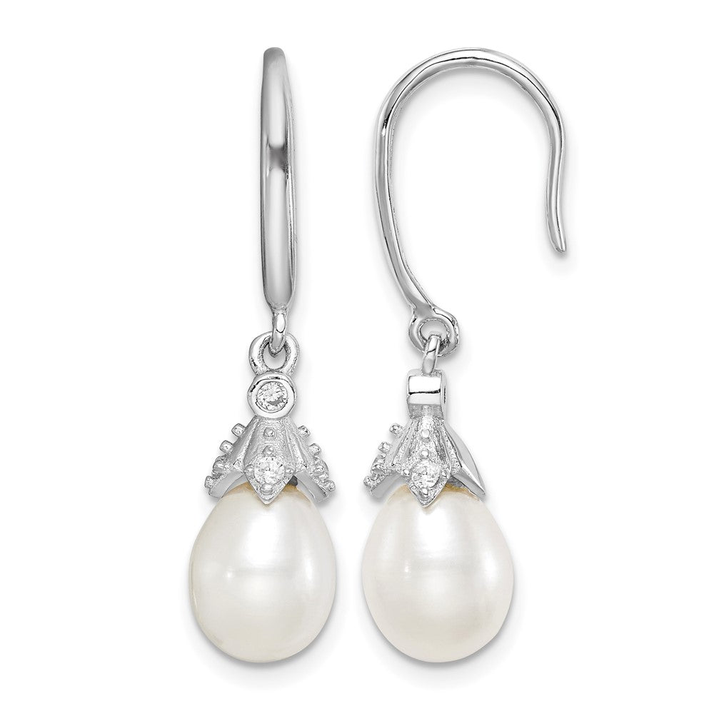 Sterling Silver Rhodium-plated 7-8mm FWC Pearl & CZ Dangle Earrings