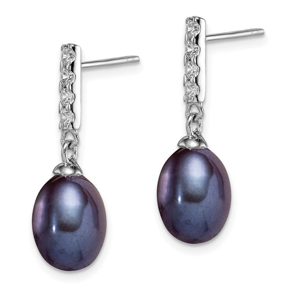 Sterling Silver RH-plated 8-9mm Black FWC Pearl & CZ Post Dangle Earrings