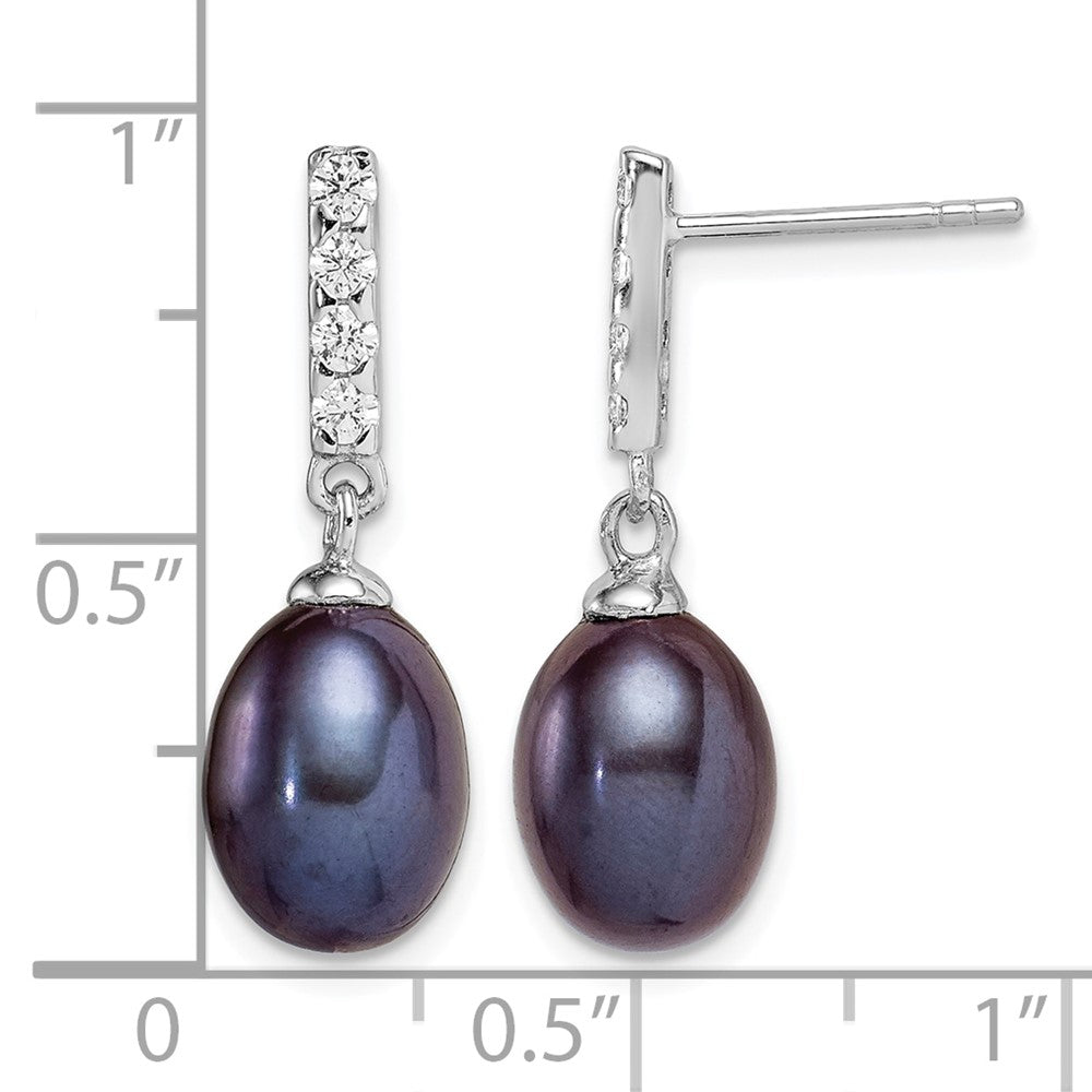 Sterling Silver RH-plated 8-9mm Black FWC Pearl & CZ Post Dangle Earrings
