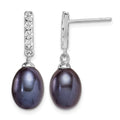 Sterling Silver RH-plated 8-9mm Black FWC Pearl & CZ Post Dangle Earrings