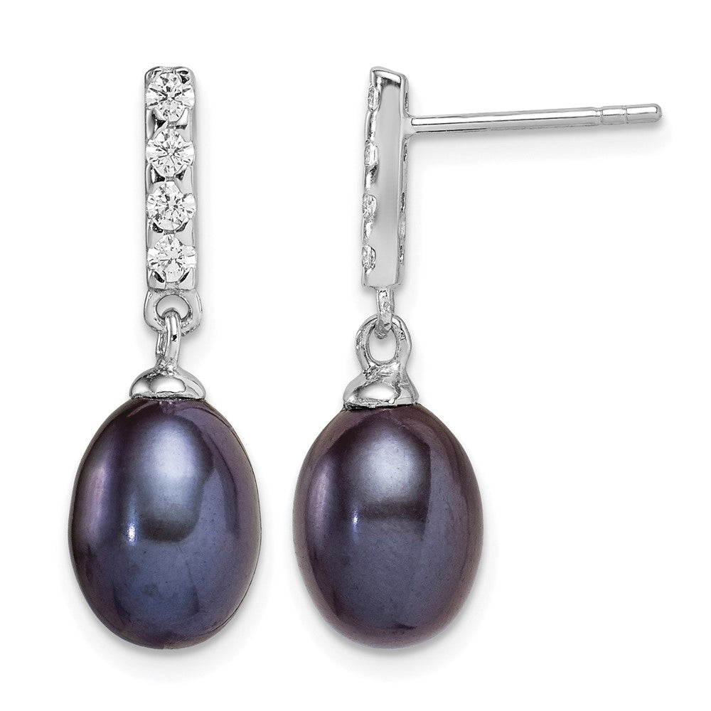Sterling Silver RH-plated 8-9mm Black FWC Pearl & CZ Post Dangle Earrings