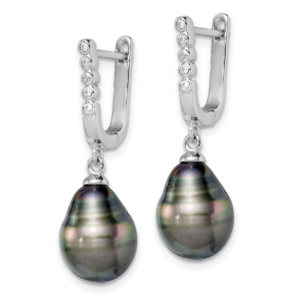 Sterling Silver Rhodium-plated 9-10mm Tahitian Pearl CZ Dangle Earrings