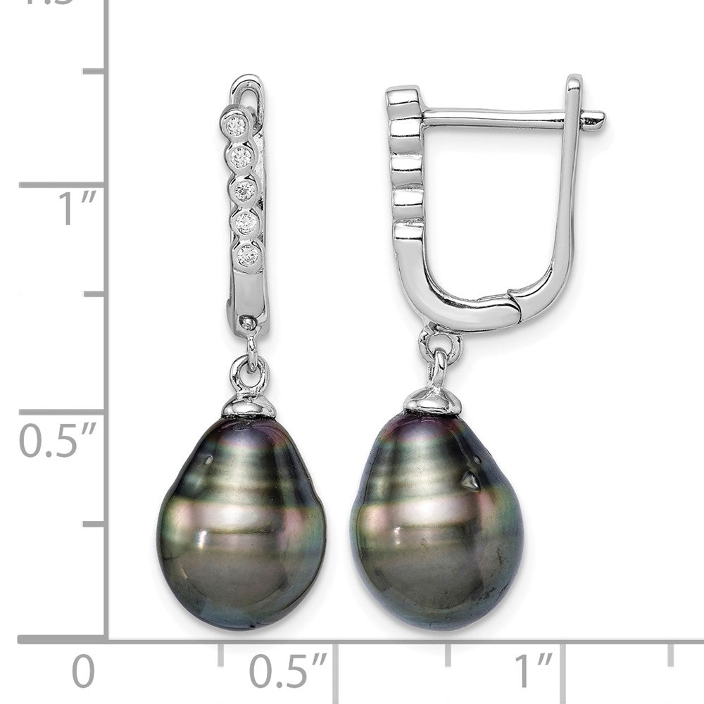 Sterling Silver Rhodium-plated 9-10mm Tahitian Pearl CZ Dangle Earrings