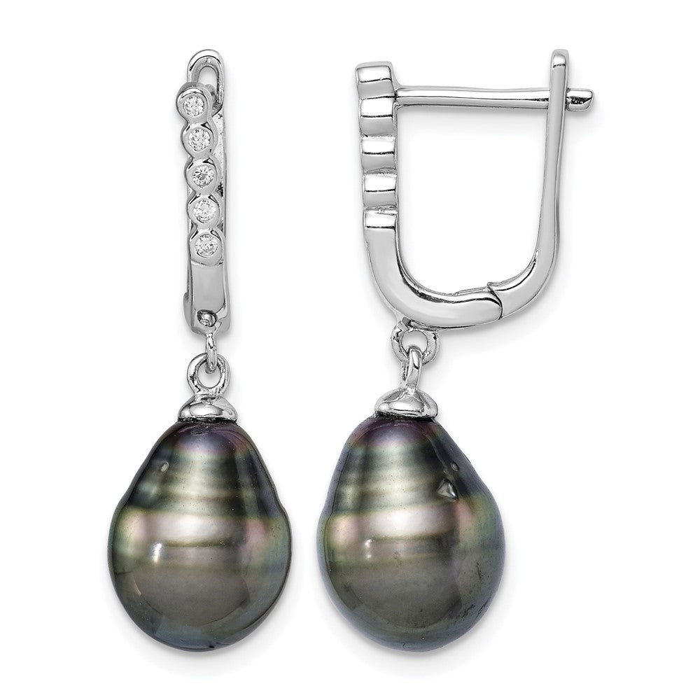 Sterling Silver Rhodium-plated 9-10mm Tahitian Pearl CZ Dangle Earrings