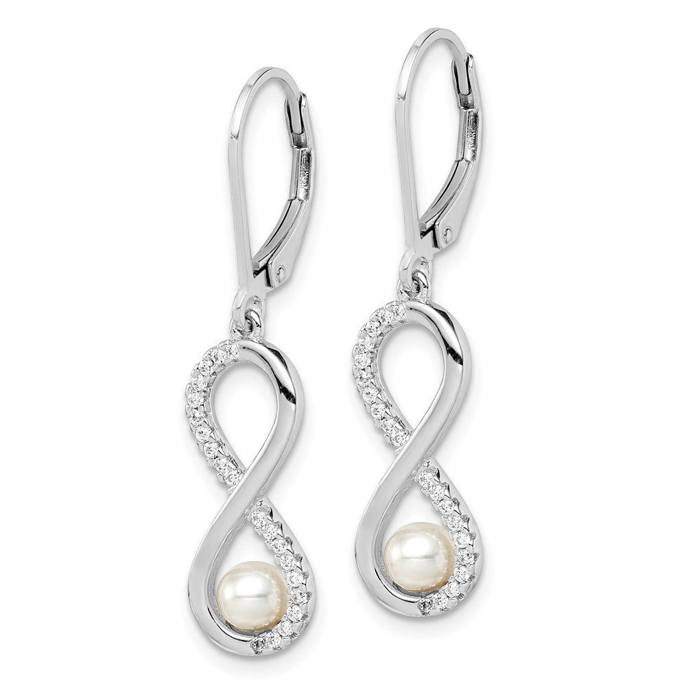 Sterling Silver RH-plated 4-5mm FWC Pearl & CZ Infinity Leverback Earrings