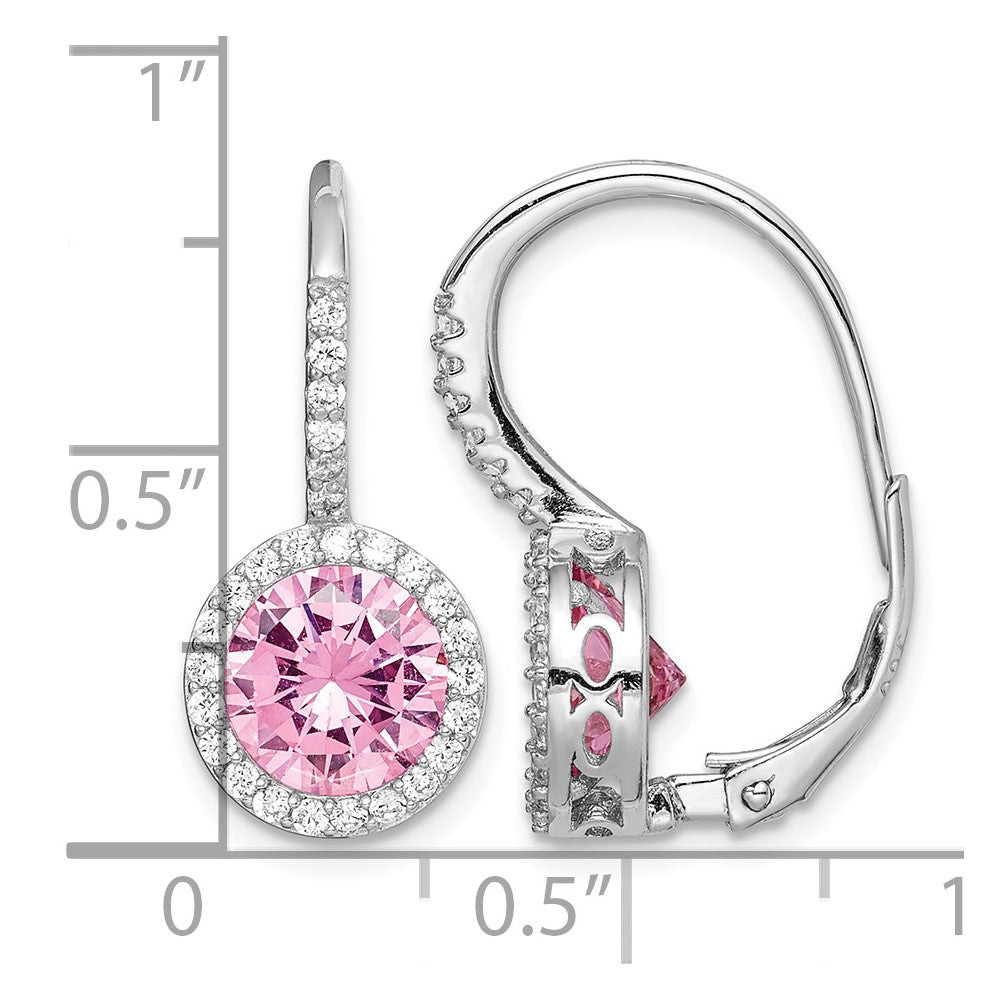 Sterling Silver RH-plated Polished Pink & White CZ Halo Leverback Earrings