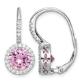 Sterling Silver RH-plated Polished Pink & White CZ Halo Leverback Earrings