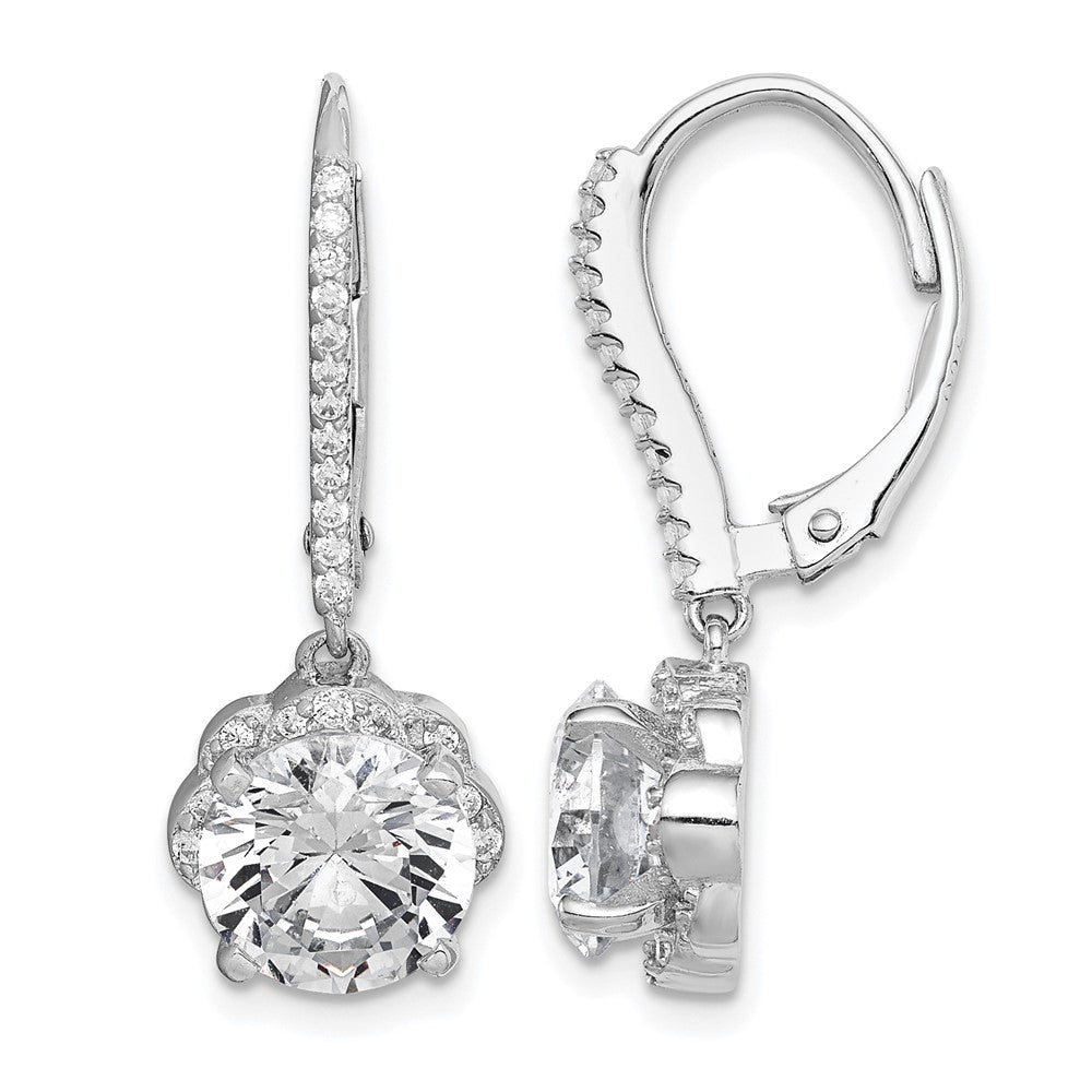 Sterling Silver Rhodium-plated Polished CZ Flower Leverback Earrings