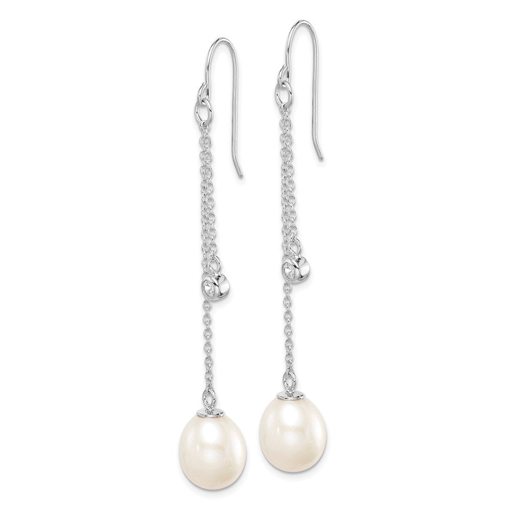 Sterling Silver Rhodium-plated 9-10mm FWC Pearl & CZ Dangle Earrings
