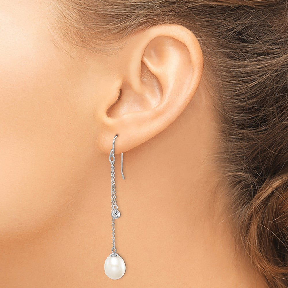 Sterling Silver Rhodium-plated 9-10mm FWC Pearl & CZ Dangle Earrings