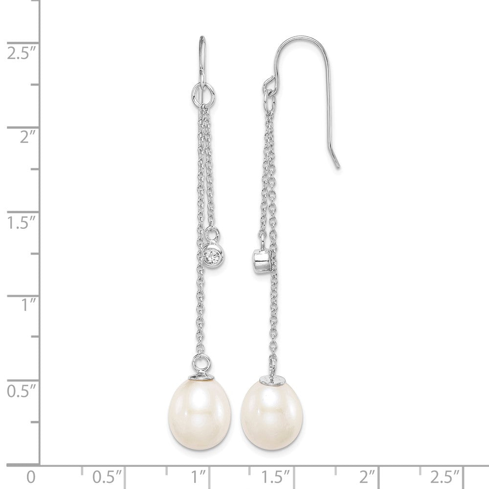 Sterling Silver Rhodium-plated 9-10mm FWC Pearl & CZ Dangle Earrings
