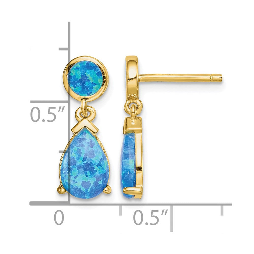 Sterling Silver Gold-tone Created Blue Opal Teardrop Post Dangle Earrings