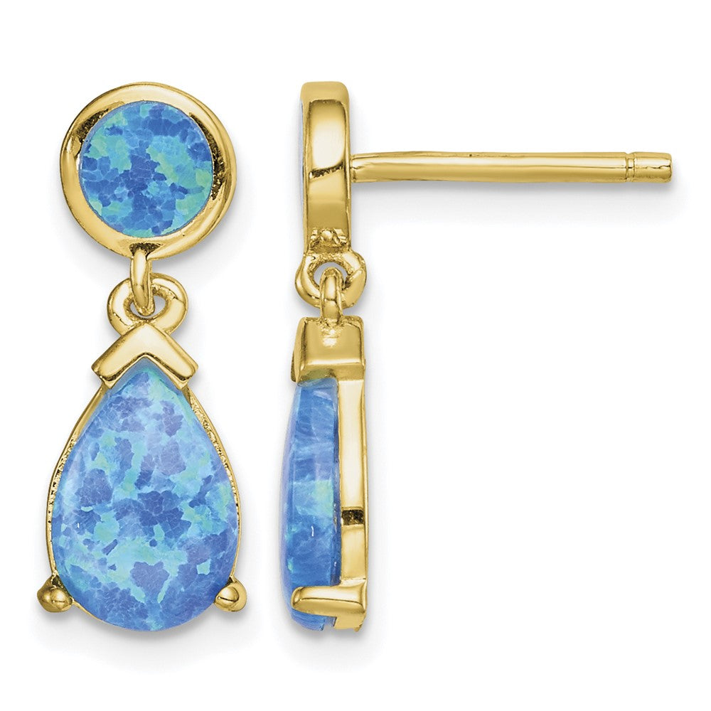 Sterling Silver Gold-tone Created Blue Opal Teardrop Post Dangle Earrings