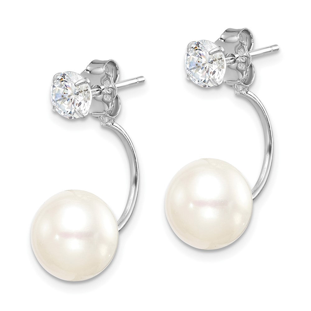 Sterling Silver RH-plated FWC Pearl & CZ Front/Back Post Dangle Earrings