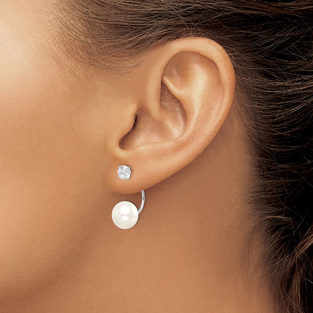 Sterling Silver RH-plated FWC Pearl & CZ Front/Back Post Dangle Earrings