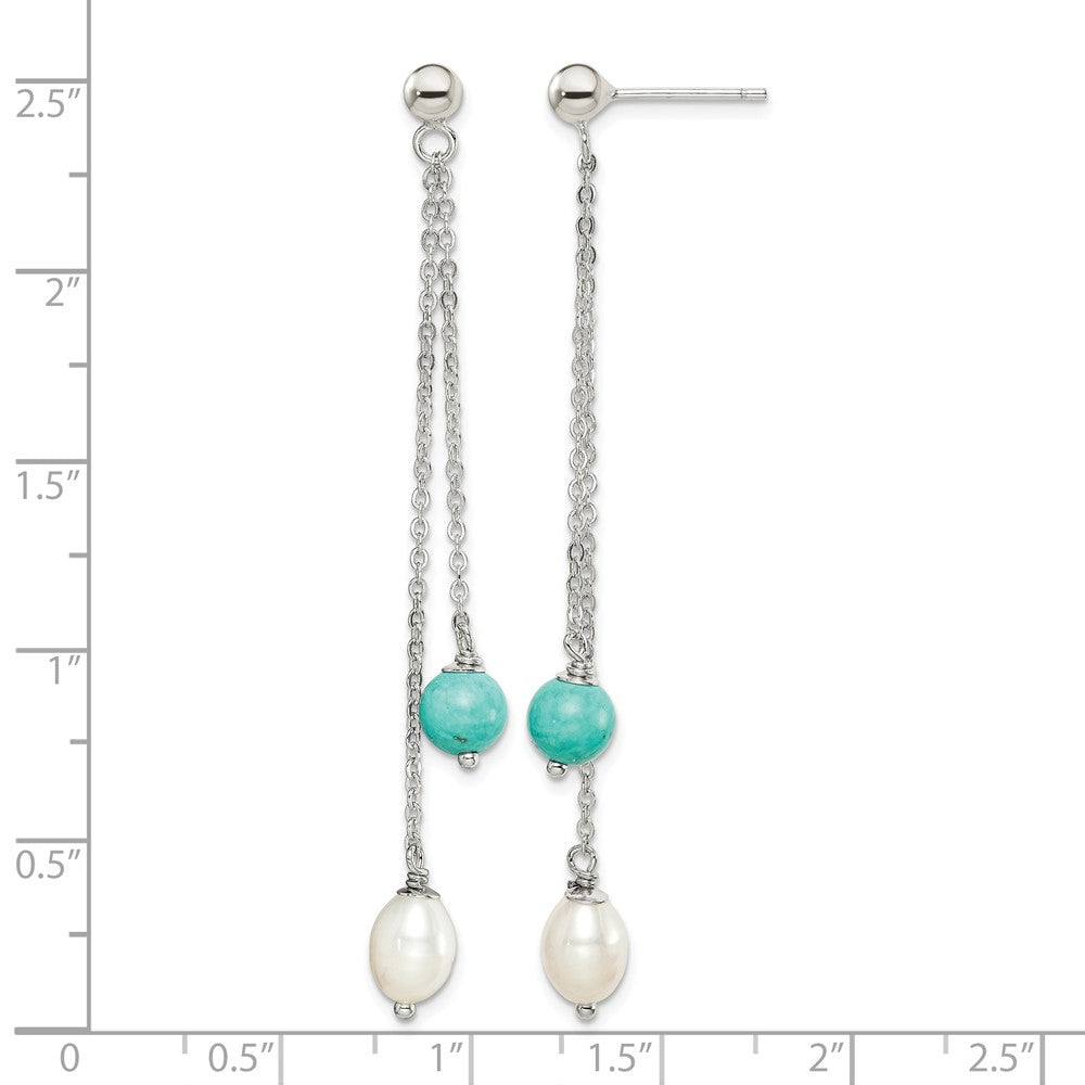 Sterling Silver Rhod-pltd Turquoise/FWC Pearl Chain Post Dangle Earrings