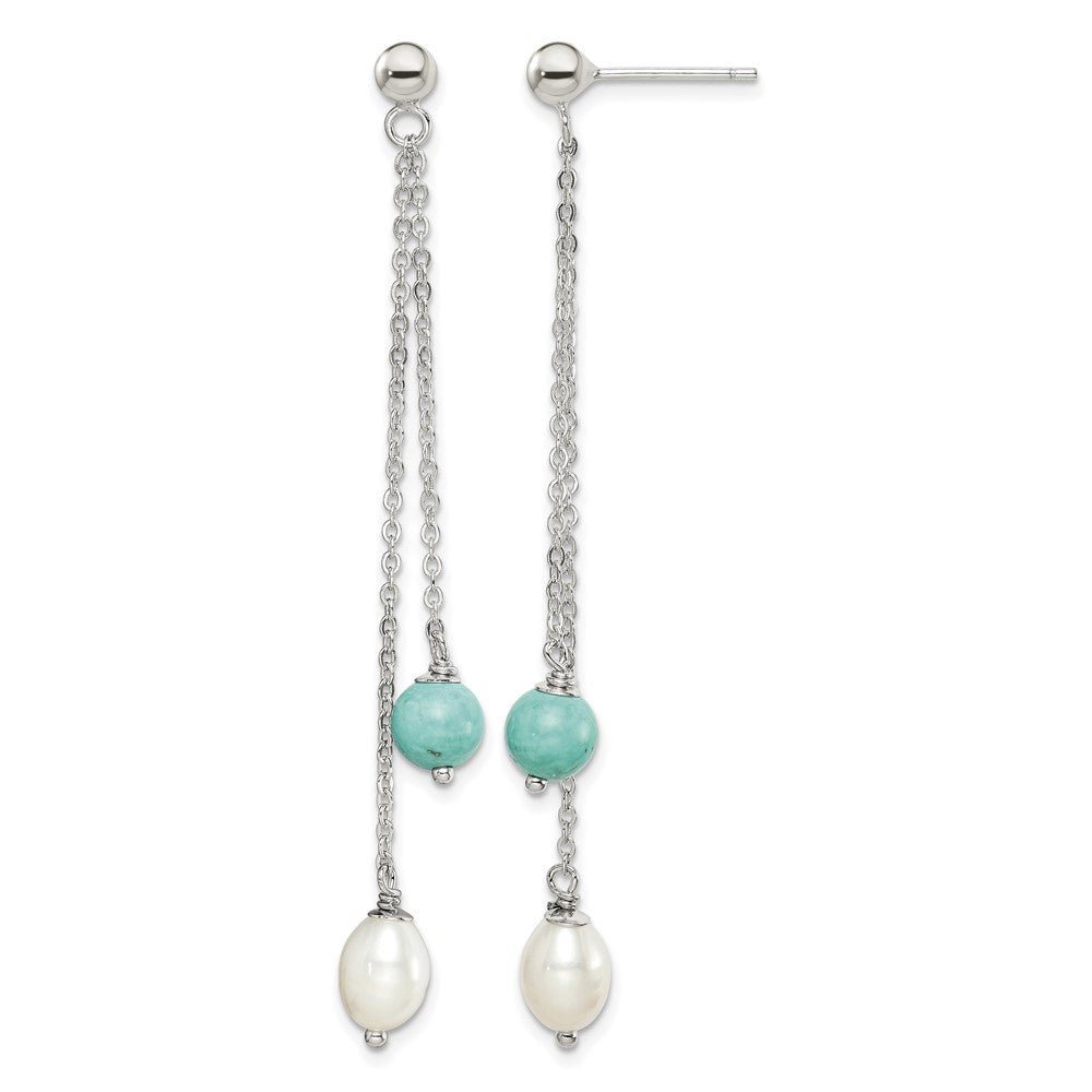 Sterling Silver Rhod-pltd Turquoise/FWC Pearl Chain Post Dangle Earrings