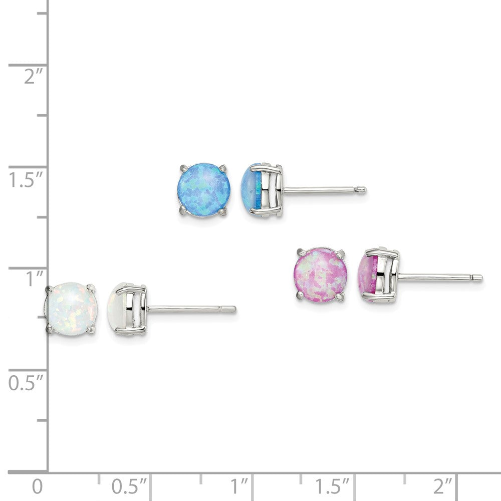 Sterling Silver RH-pltd Pink/White/Blue 7mm Cr. Opal 3 Pair Earring Set