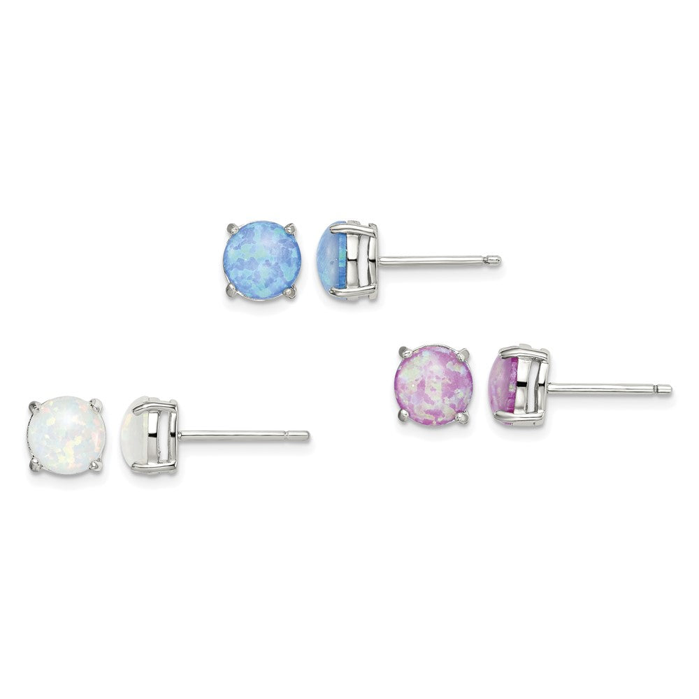 Sterling Silver RH-pltd Pink/White/Blue 7mm Cr. Opal 3 Pair Earring Set
