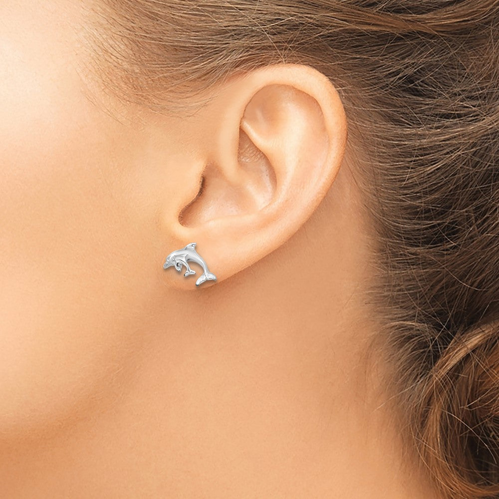 Sterling Silver Rhodium-plated Polished Dolphin and Baby Post Earrings