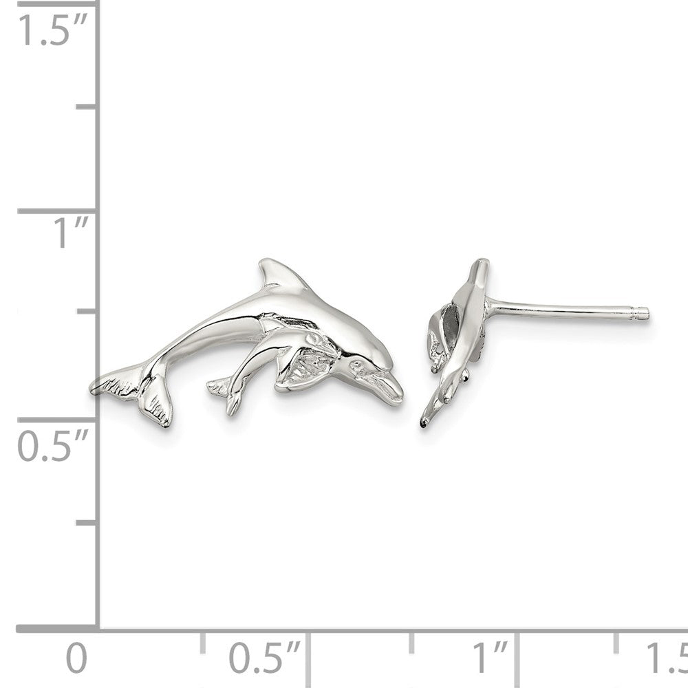 Sterling Silver Rhodium-plated Polished Dolphin and Baby Post Earrings