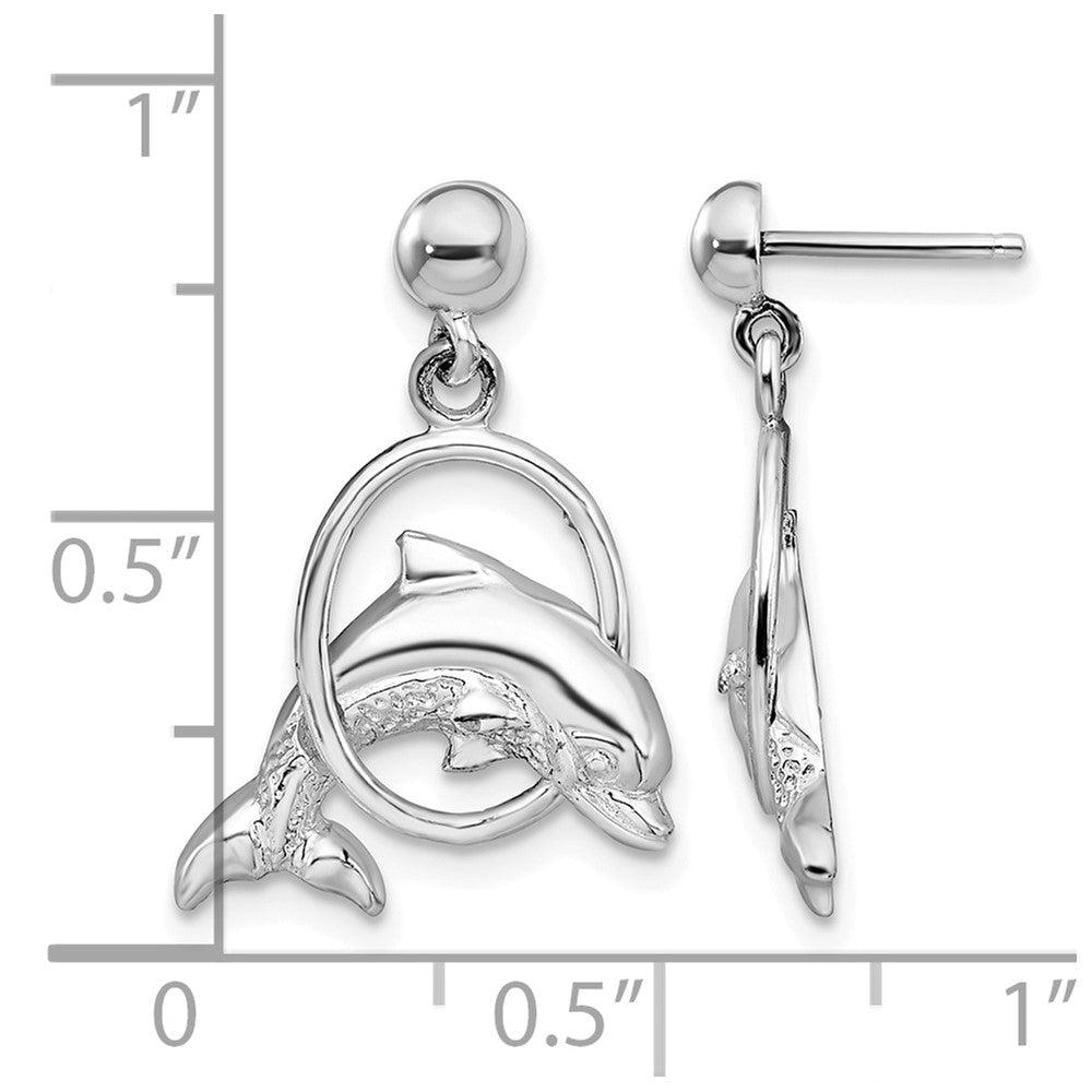 Sterling Silver Rhodium-plated Dolphin in Hoop Dangle Post Earrings