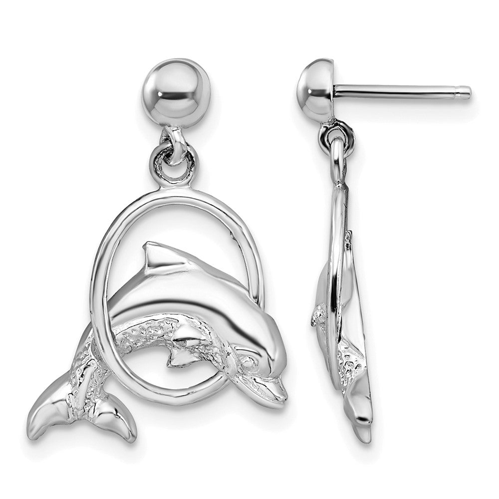 Sterling Silver Rhodium-plated Dolphin in Hoop Dangle Post Earrings