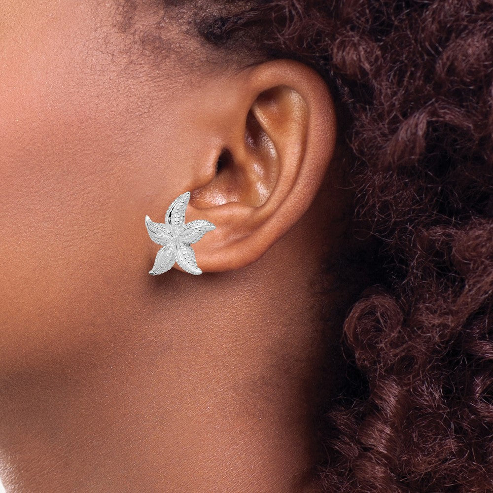 Sterling Silver Rhodium-plated Polished Starfish Post Earrings