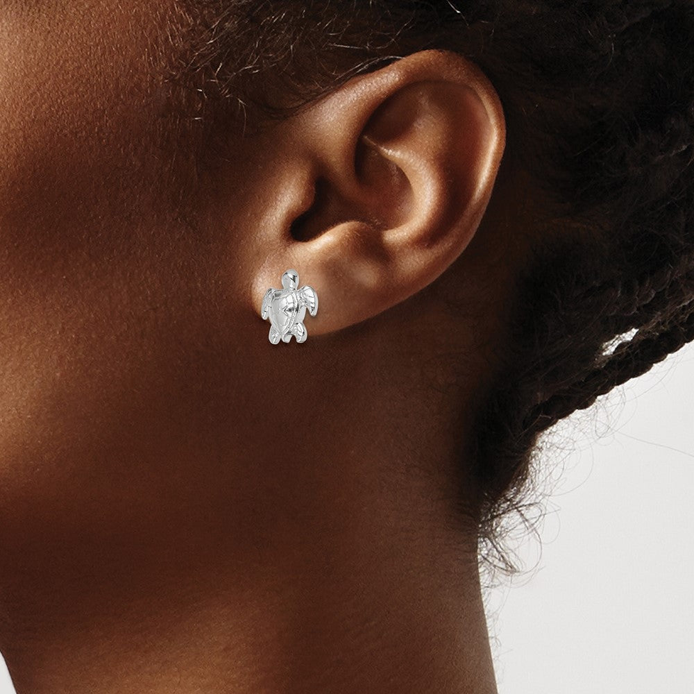 Sterling Silver Rhodium-plated Polished Mini Sea Turtle Post Earrings