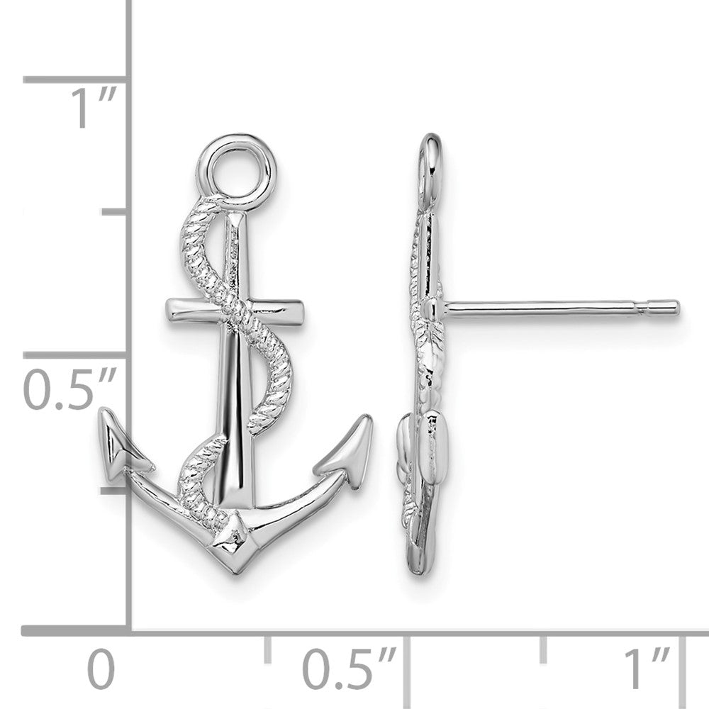 Sterling Silver Rhodium-plated Polished Anchor w/Rope Post Earrings