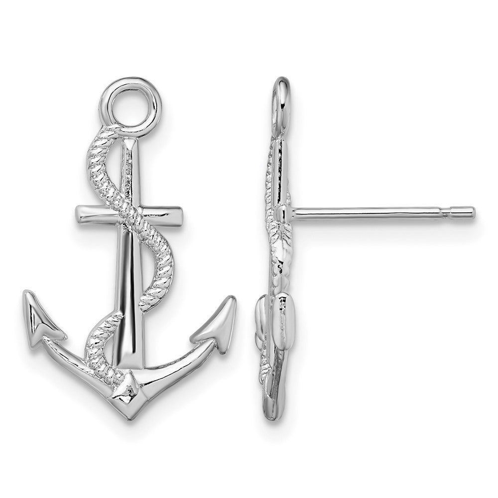 Sterling Silver Rhodium-plated Polished Anchor w/Rope Post Earrings