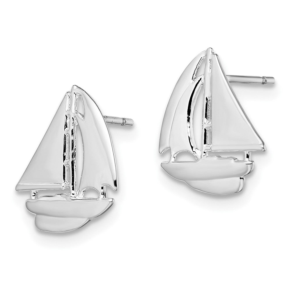 Sterling Silver Rhodium-plated Polished Small Sailboat Post Earrings