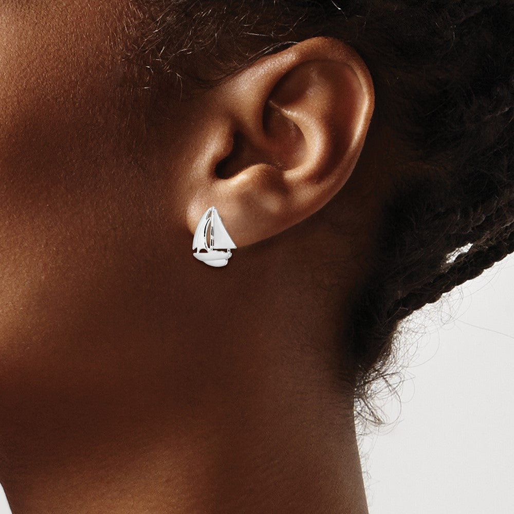 Sterling Silver Rhodium-plated Polished Small Sailboat Post Earrings