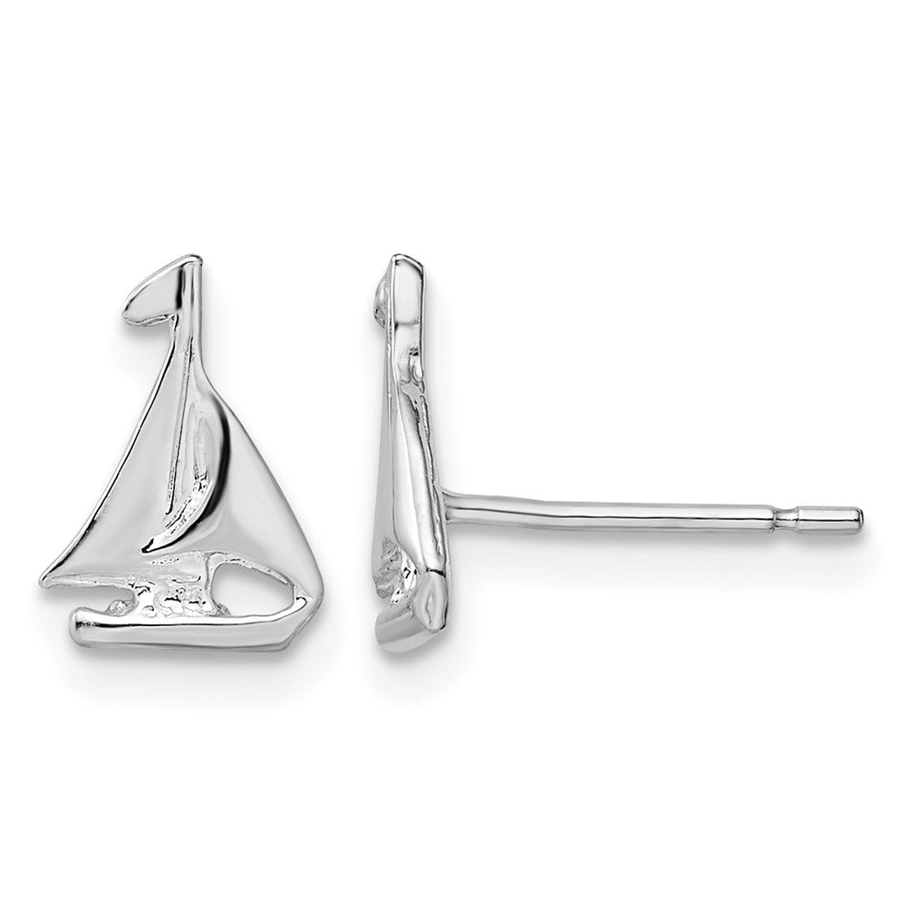 Sterling Silver Rhodium-plated Polished Mini Sailboat Post Earrings
