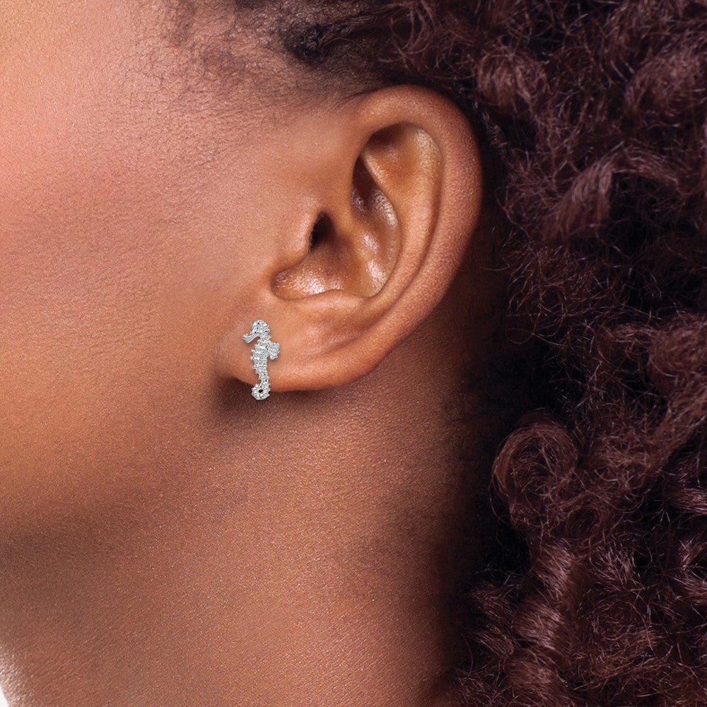 Sterling Silver Rhodium-plated Polished Mini Seahorse Post Earrings