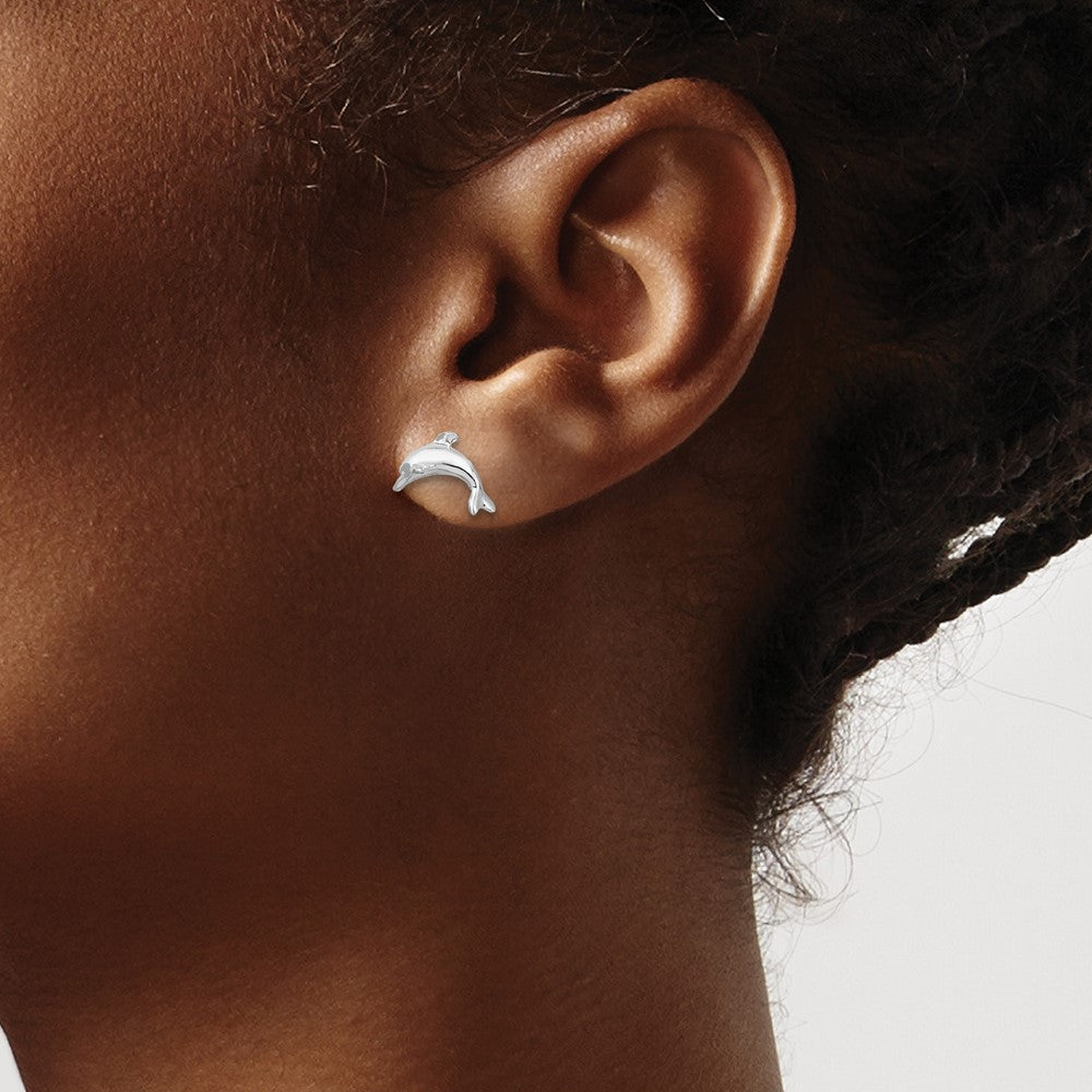 Sterling Silver Rhodium-plated Polished Dolphin Post Earrings