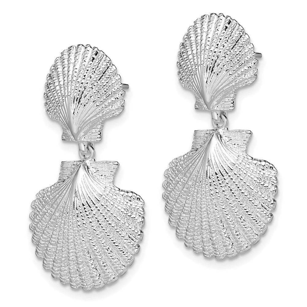 Sterling Silver Rhod-plated Polished Double Shell Dangle Post Earrings