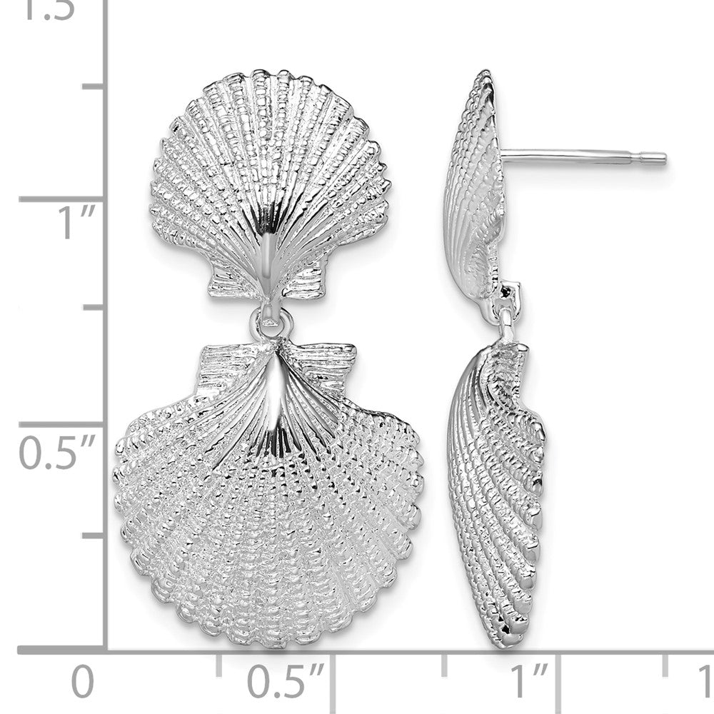Sterling Silver Rhod-plated Polished Double Shell Dangle Post Earrings