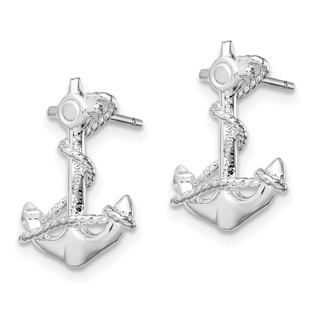 Sterling Silver Rhodium-plated Polished Anchor w/Rope Post Earrings