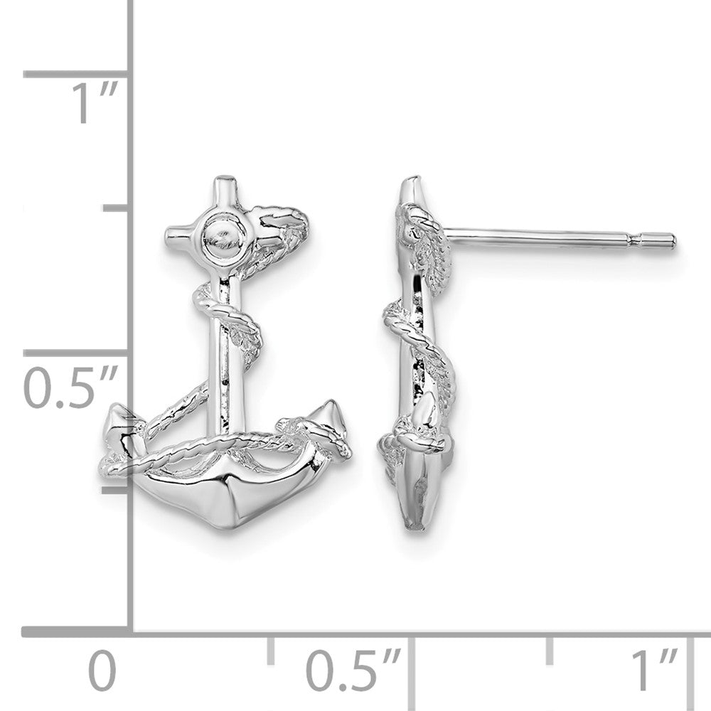 Sterling Silver Rhodium-plated Polished Anchor w/Rope Post Earrings