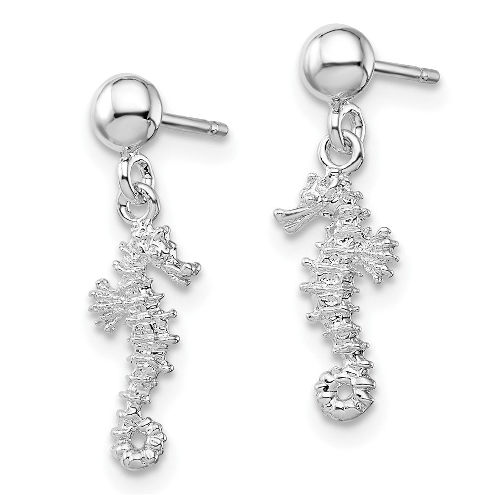 Sterling Silver Rhodium-plated 3D Mini Seahorse Dangle Post Earrings