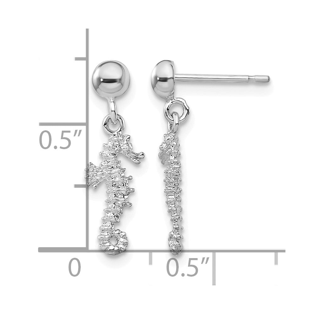 Sterling Silver Rhodium-plated 3D Mini Seahorse Dangle Post Earrings