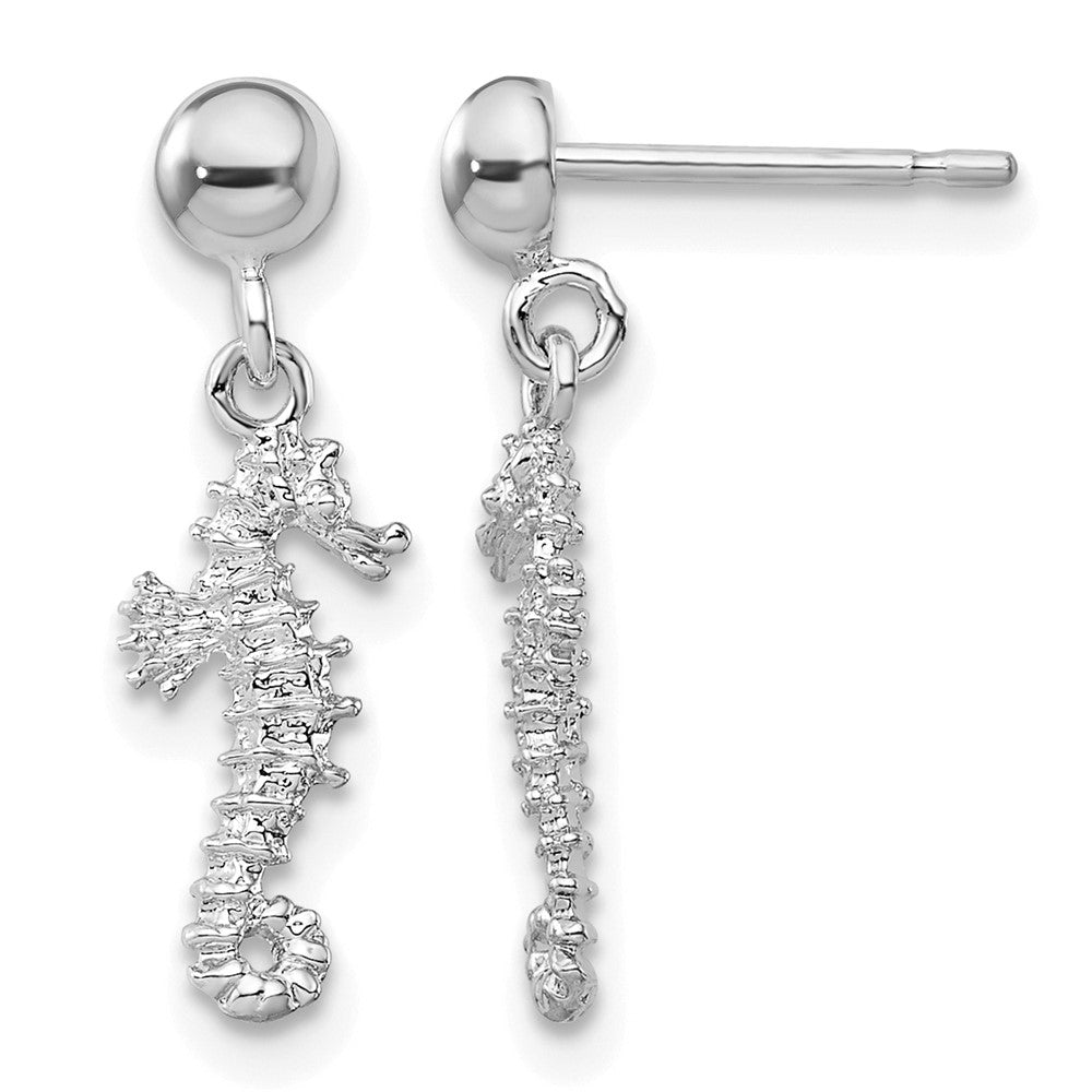 Sterling Silver Rhodium-plated 3D Mini Seahorse Dangle Post Earrings