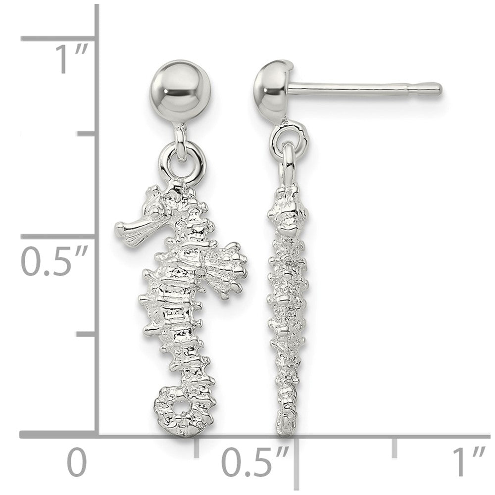 Sterling Silver Rhodium-plated Polished 3D Seahorse Dangle Post Earrings